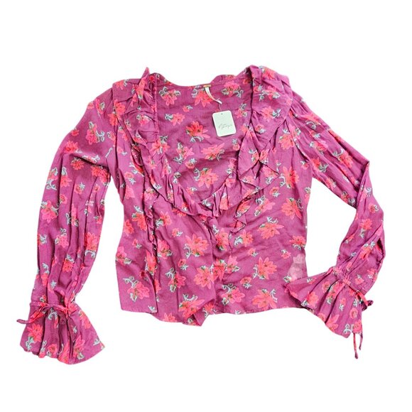 Floral Wrap Ruffle Blouse V-Neck Long Sleeve Sheer Tie Waist Women's Top Size S - Picture 11 of 14